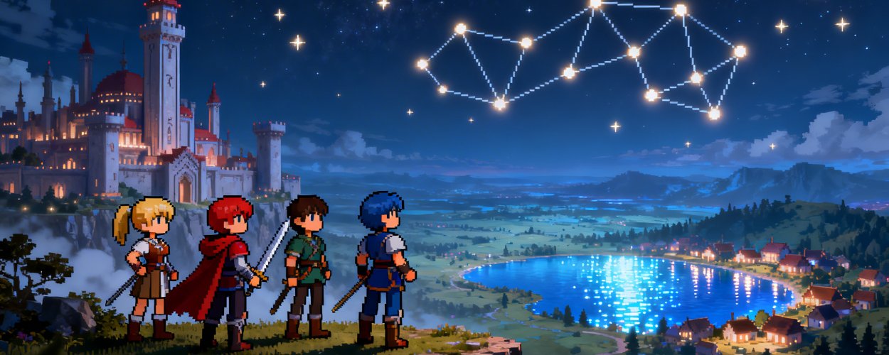 Vier JRPG-Helden im Pixelstil stehen auf einem Felsen und blicken auf eine Fantasywelt aus Stadt, See und leuchtenden Runenkonstellationen am Nachthimmel hinab.