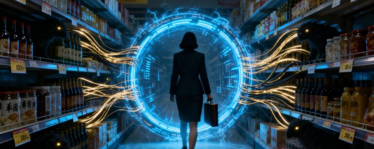 Nachts leerer chinesischer Supermarkt mit Neonlicht, in dessen Mittelgang sich ein leuchtendes Portal öffnet, während der Schatten einer Managerin mit Aktenmappe hineintritt und schemenhafte Wesen aus den Regalen schauen.