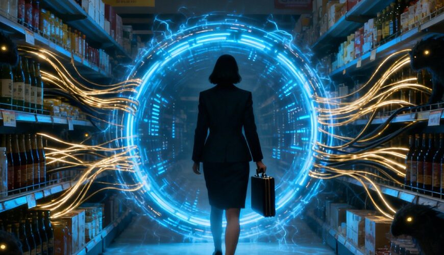 Nachts leerer chinesischer Supermarkt mit Neonlicht, in dessen Mittelgang sich ein leuchtendes Portal öffnet, während der Schatten einer Managerin mit Aktenmappe hineintritt und schemenhafte Wesen aus den Regalen schauen.