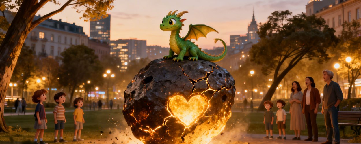 Kleiner grüner Drache sitzt auf einem glühenden Meteoriten mit leuchtendem Herz im Stadtpark, umringt von staunenden Kindern und Erwachsenen in der Abenddämmerung – Symbolbild für den neuen Tabaluga-Hybridfilm.