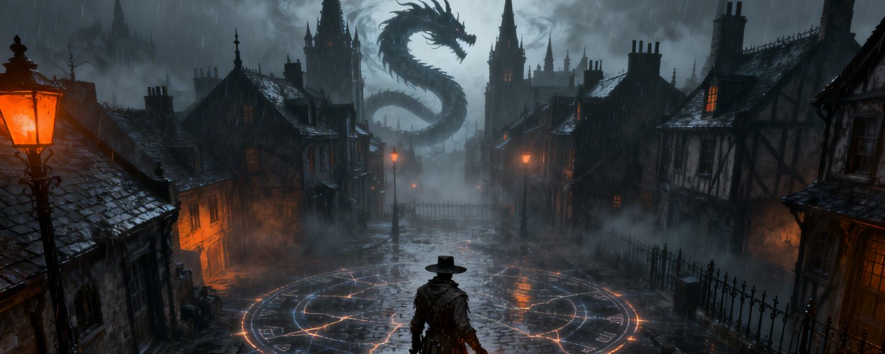 Tearscape: Dunkler Jäger mit Mantel und Schwert steht nachts in einer gotischen Stadtgasse, im Nebel erhebt sich der Schatten eines Drachen über Türmen und leuchtenden Runen auf dem Pflaster.