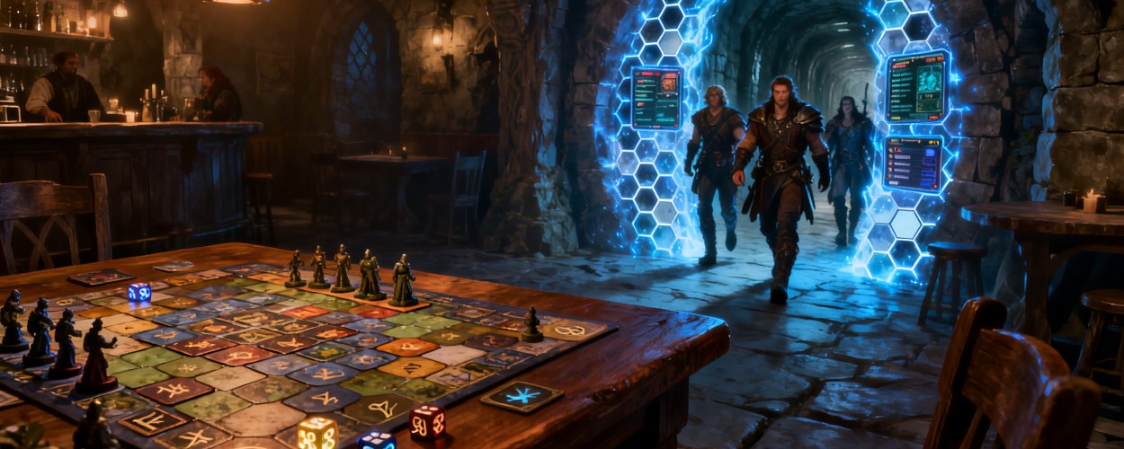 Fantasy-Taverne mit Brettspieltisch im Vordergrund und einer Heldengruppe, die durch ein leuchtendes Portal in einen Dungeon tritt – Symbolbild für Terrinoth: Heroes of Descent als Brücke zwischen Brettspiel und Videospiel.