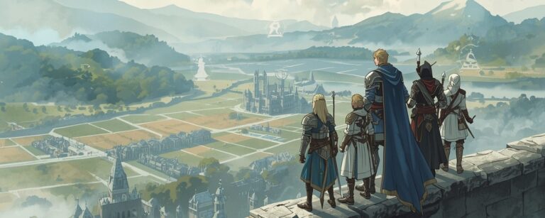 Helden von Final Fantasy Tactics blicken von einer Festungsmauer auf ein rasterförmiges Schlachtfeld in Ivalice – Symbolbild zum Artbook The Art of Final Fantasy Tactics.