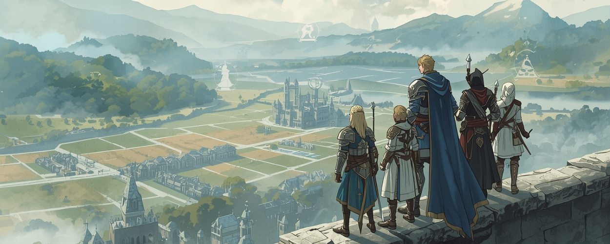 Helden von Final Fantasy Tactics blicken von einer Festungsmauer auf ein rasterförmiges Schlachtfeld in Ivalice – Symbolbild zum Artbook The Art of Final Fantasy Tactics.