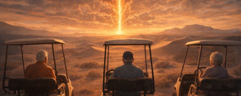 Rentner in Golfcarts blicken in der Wüste von New Mexico auf ein unheimlich leuchtendes Zeitportal – Motiv zu The Boroughs.