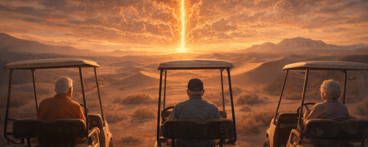Rentner in Golfcarts blicken in der Wüste von New Mexico auf ein unheimlich leuchtendes Zeitportal – Motiv zu The Boroughs.