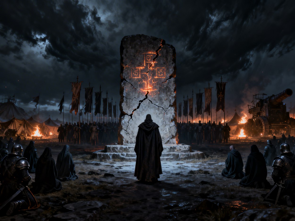 Ein gewaltiger, rissiger Steinmonolith mit glühenden Symbolen steht in einem nächtlichen Kriegslager; vor ihm knien Mönche und Ritter, im Hintergrund lodern Feuer und Banner im Sturm.