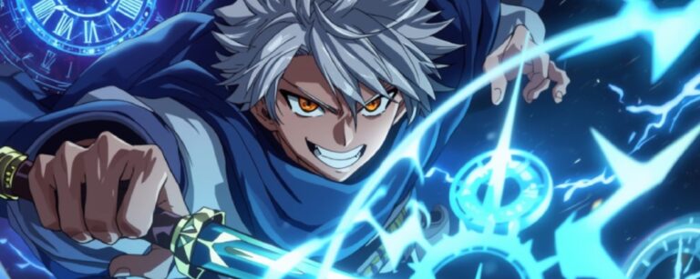Weißhaariger Anime-Magier stürmt mit gezücktem Schwert nach vorne, goldene Augen, blaue Blitze und leuchtende Uhrenzifferblätter im Hintergrund – dynamisches Keyvisual zu The Great Sage Riddle’s Time Reversal.