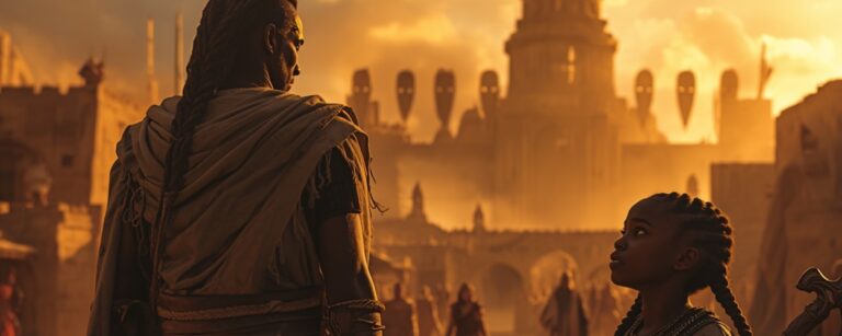 Der Stranger und Niobe stehen in einer afrikanisch inspirierten Fantasy-Stadt vor einer Zitadelle – Symbolbild zum Filmprojekt The Untamed.