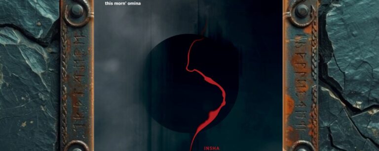 Albumcover This Morn’ Omina – Insha: dunkles, neblig-blaues Artwork mit einem schwarzen Kreis in der Mitte, durch den sich eine einzige geschwungene rote Linie wie eine Blutspur oder Silhouette zieht; oben links der kleine Schriftzug ‚this morn’ omina‘, unten dezent der Titel ‚INSHA‘.