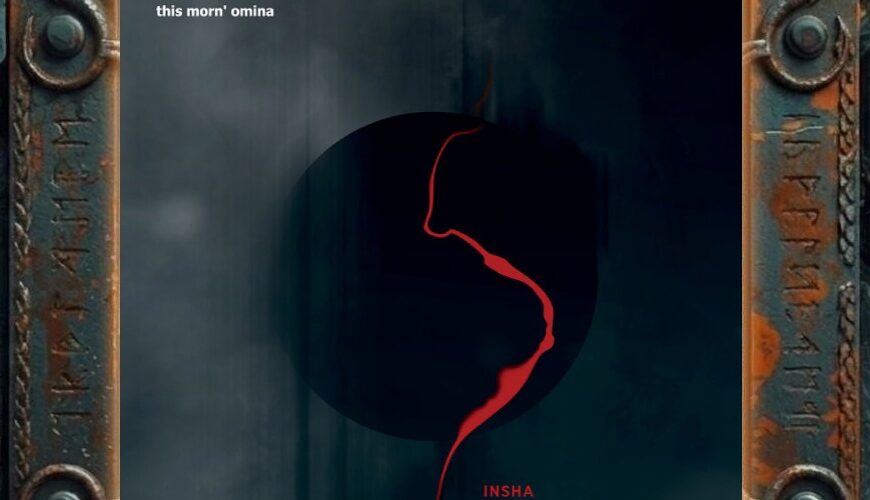 Albumcover This Morn’ Omina – Insha: dunkles, neblig-blaues Artwork mit einem schwarzen Kreis in der Mitte, durch den sich eine einzige geschwungene rote Linie wie eine Blutspur oder Silhouette zieht; oben links der kleine Schriftzug ‚this morn’ omina‘, unten dezent der Titel ‚INSHA‘.