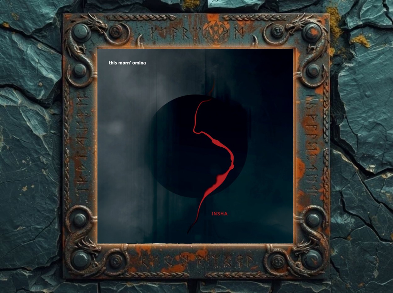 Albumcover This Morn’ Omina – Insha: dunkles, neblig-blaues Artwork mit einem schwarzen Kreis in der Mitte, durch den sich eine einzige geschwungene rote Linie wie eine Blutspur oder Silhouette zieht; oben links der kleine Schriftzug ‚this morn’ omina‘, unten dezent der Titel ‚INSHA‘.