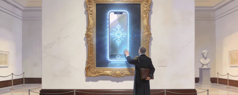 Kulturbeamter betrachtet in einem hellen Marmorsaal ein riesiges Smartphone in vergoldetem Rahmen wie ein Kunstwerk