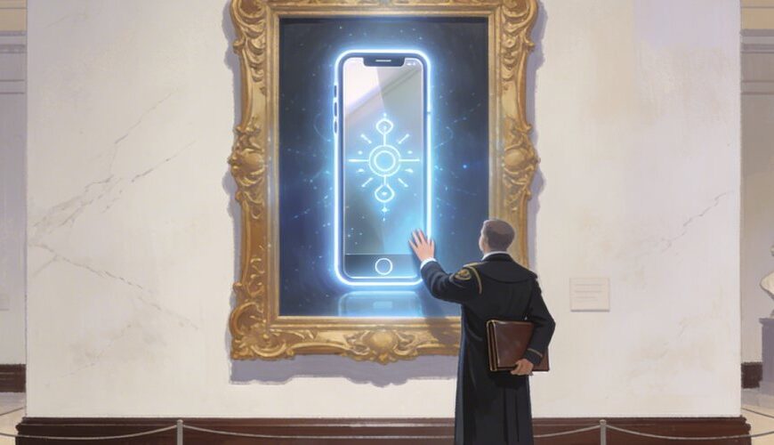 Kulturbeamter betrachtet in einem hellen Marmorsaal ein riesiges Smartphone in vergoldetem Rahmen wie ein Kunstwerk