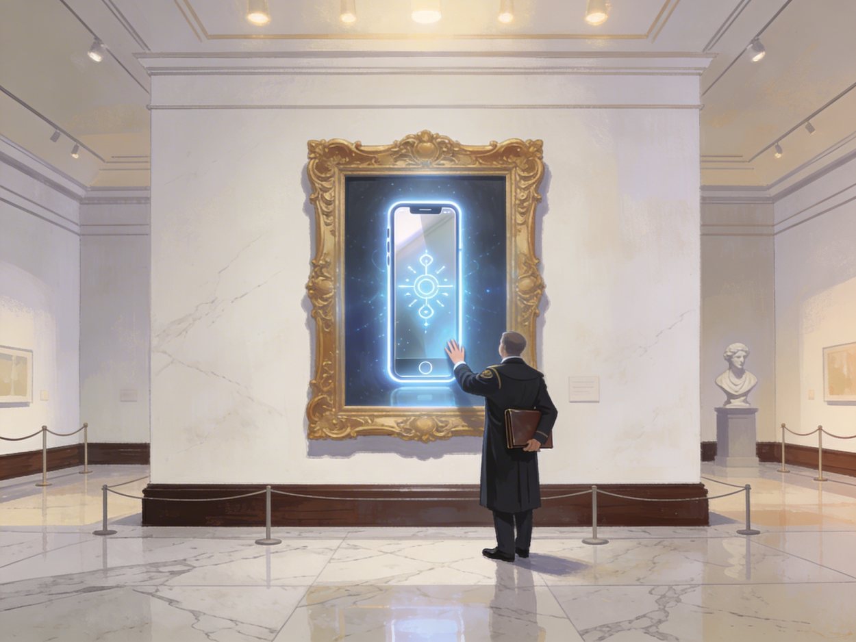 Kulturbeamter betrachtet in einem hellen Marmorsaal ein riesiges Smartphone in vergoldetem Rahmen wie ein Kunstwerk