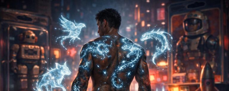 Muskulöser Mann mit leuchtenden Fantasy-Tattoos steht in einer nächtlichen Stadt, während sich einige Tattoos als geisterhafte Figuren von seiner Haut lösen.