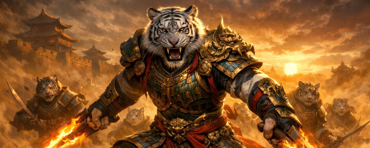 Bhashiva, eine weißgepanzerte Tigerkriegerin, führt eine Gruppe tigerköpfiger Krieger vor den Mauern Cathays durch eine staubige Wüstenschlacht.