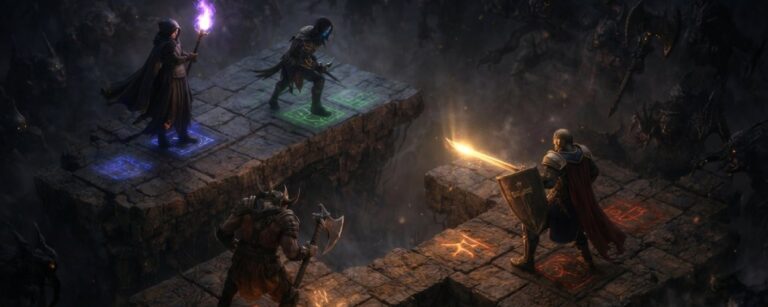 Vier Helden stehen auf einem leuchtenden Fantasy-Taktikbrett, während sich im Schatten reaktive Gegner formieren.