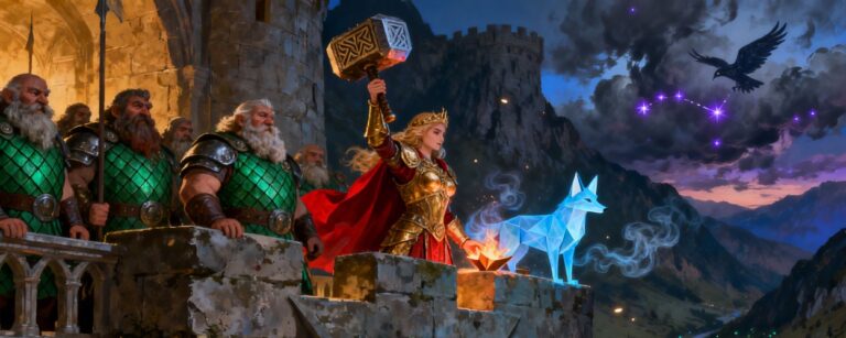 Zwergenprinzessin in goldener Rüstung hebt einen Hammer auf einer Festungsmauer, flankiert von schwer gerüsteten Zwergen, während ein leuchtender Orichalcum-Fuchs und ein Krähensternbild über dem Tal von Mounthaven erscheinen.