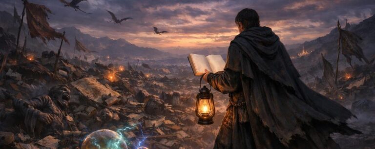 Ein in Umhang gehüllter Mann steht mit Laterne und aufgeschlagenem Buch auf einem Hügel über einer endlosen Trümmerlandschaft aus zerrissenen Karten, zerbrochenen Statuen und glühenden Magiekugeln, über der Drachen am düsteren Abendhimmel kreisen.