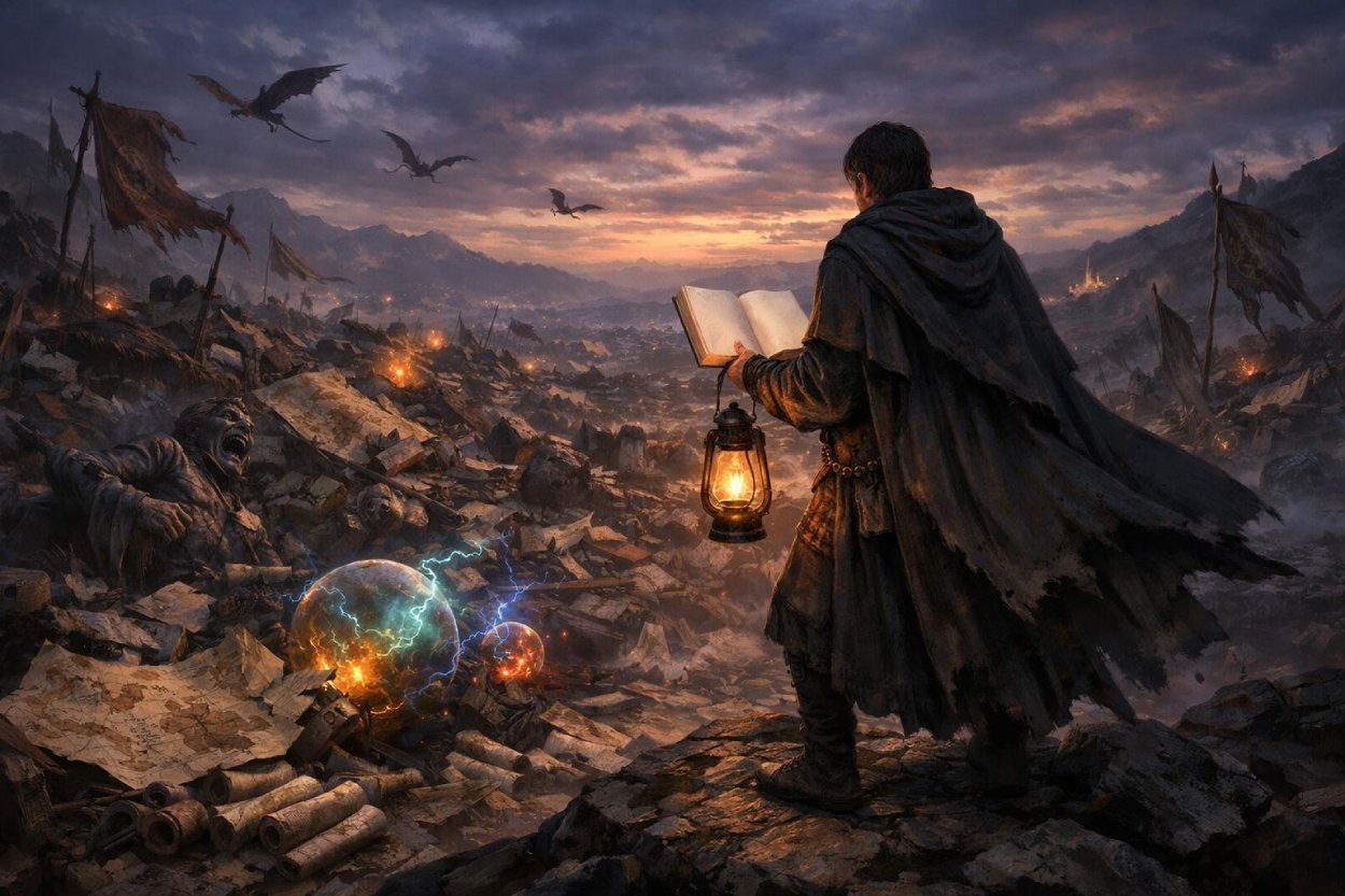 Ein in Umhang gehüllter Mann steht mit Laterne und aufgeschlagenem Buch auf einem Hügel über einer endlosen Trümmerlandschaft aus zerrissenen Karten, zerbrochenen Statuen und glühenden Magiekugeln, über der Drachen am düsteren Abendhimmel kreisen.