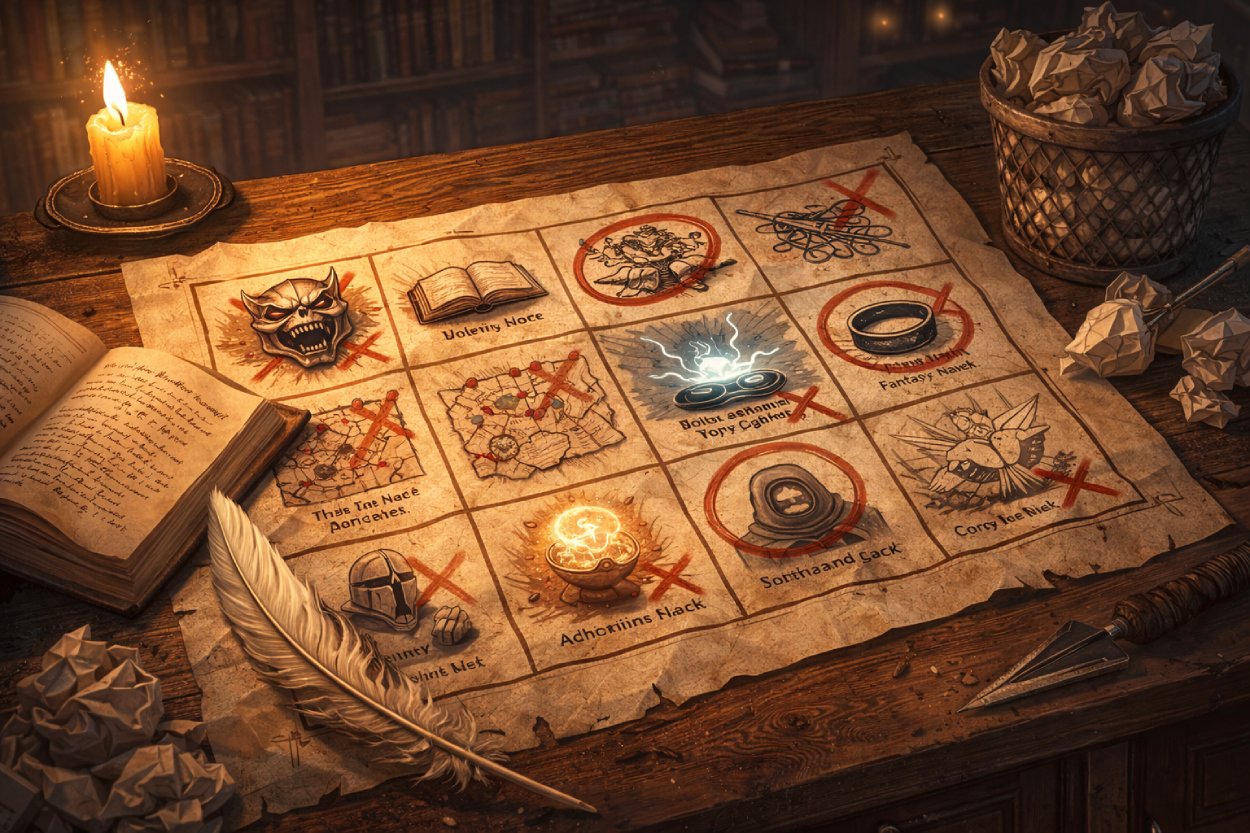 Auf einem hölzernen Schreibtisch liegt ein illuminiertes Bingo-Pergament mit neun Feldern, die typische Fantasy-Sünden symbolisieren – grinsende Schurkenmaske, dickes Lore-Buch, verwirrte Karten, glühende Magiekugel –, einige Felder sind rot durchgestrichen; daneben stehen eine brennende Kerze, ein offenes Notizbuch, Federkiel und ein Papierkorb voller zerknüllter Seiten.