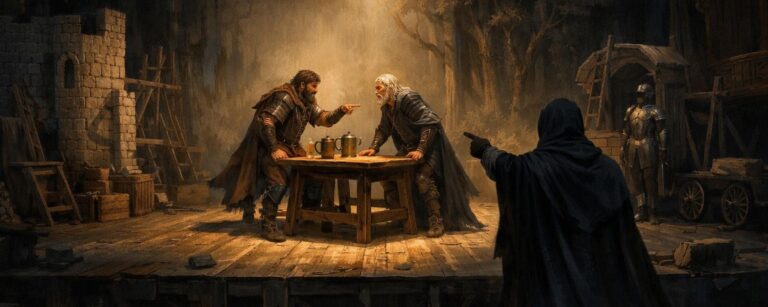 Auf einer halbfertigen Theaterbühne in Fantasy-Optik beugen sich zwei gerüstete Männer wütend über einen Tavennentisch und zeigen einander anklagend an, während im Vordergrund eine dunkel verhüllte Gestalt ebenfalls auf sie zeigt.