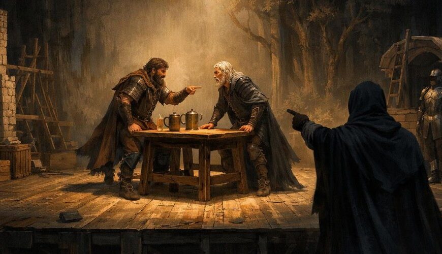 Auf einer halbfertigen Theaterbühne in Fantasy-Optik beugen sich zwei gerüstete Männer wütend über einen Tavennentisch und zeigen einander anklagend an, während im Vordergrund eine dunkel verhüllte Gestalt ebenfalls auf sie zeigt.