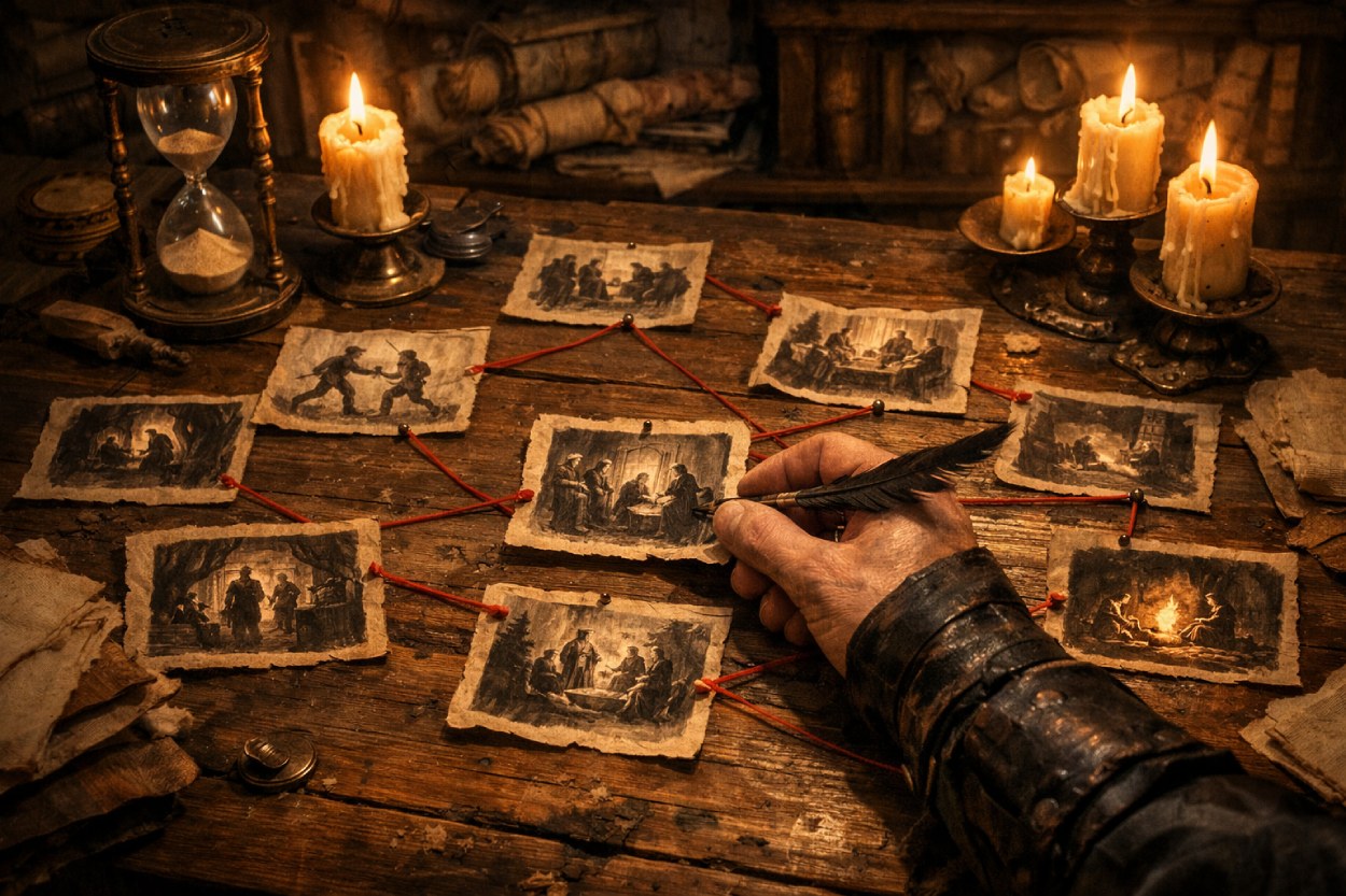 Drei reich verzierte Masken mit Auge-, Feder- und Kronensymbol liegen auf einem hölzernen Schreibtisch in einer Fantasy-Studierstube, dahinter ein aufgeschlagenes Buch mit verschiedenfarbigen Handschriften, im Fenster steht der Vollmond am Himmel.