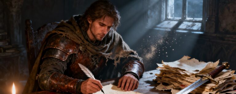 Ein erschöpfter Fantasykrieger in Leder- und Plattenrüstung sitzt nachts an einem Holztisch, schreibt mit einer Feder auf Pergamentseiten, von denen einige mit rotem »Blut«-Fleck markiert sind, während neben einem Stapel Manuskriptseiten ein Schwert liegt und Mondlicht durch das Fenster fällt.