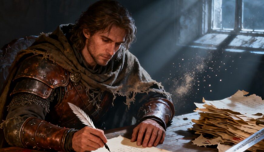 Ein erschöpfter Fantasykrieger in Leder- und Plattenrüstung sitzt nachts an einem Holztisch, schreibt mit einer Feder auf Pergamentseiten, von denen einige mit rotem »Blut«-Fleck markiert sind, während neben einem Stapel Manuskriptseiten ein Schwert liegt und Mondlicht durch das Fenster fällt.