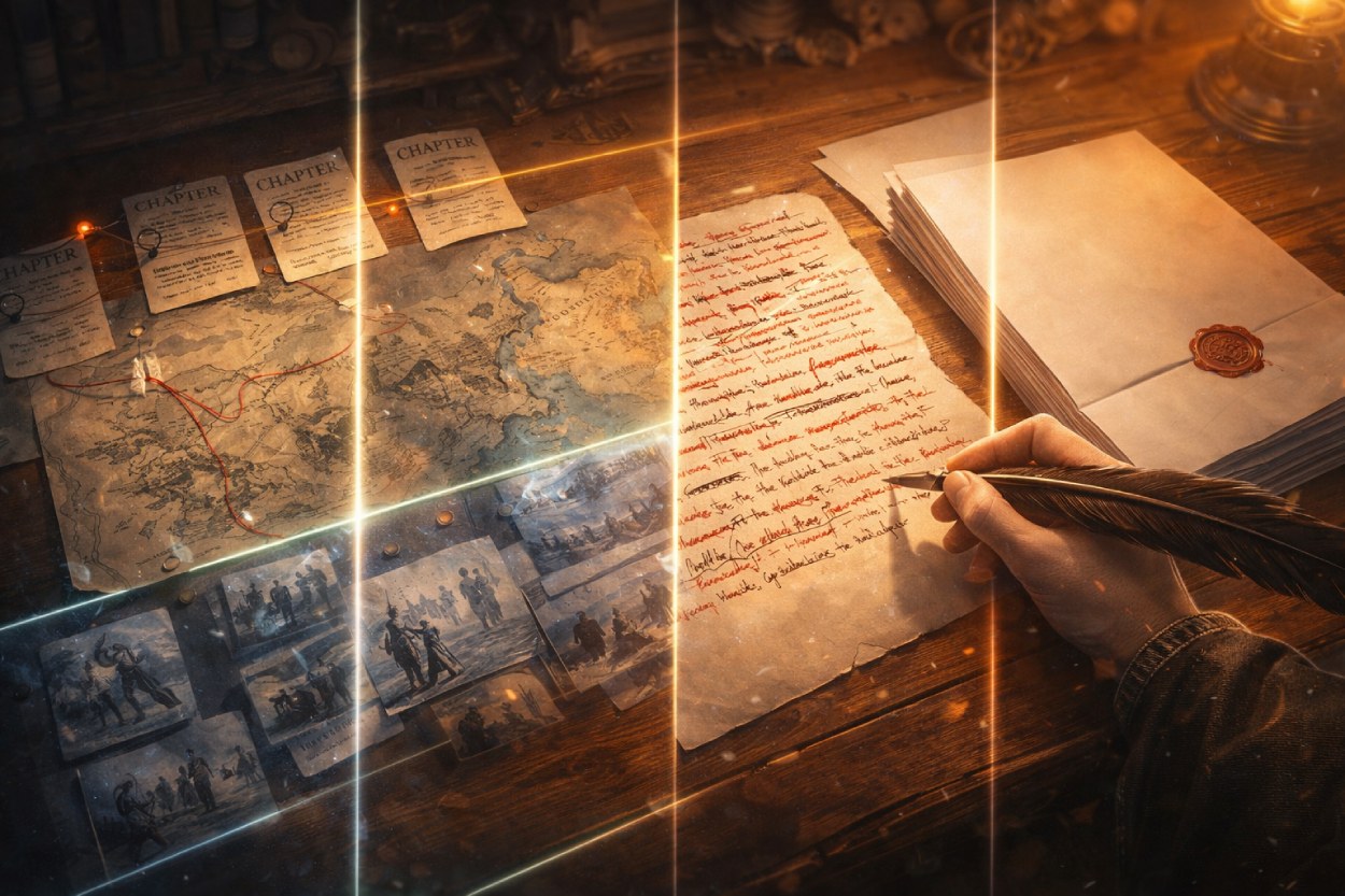 Auf einem Holzschreibtisch liegen links eine beschriebene Karte und Kapitelkarten mit markierten Routen und Szenenfotos, in der Mitte ein mit roter Tinte stark überarbeitetes Pergament, rechts ein sauberer Stapel versiegelter Seiten, während eine Hand mit einer Feder den Text korrigiert.