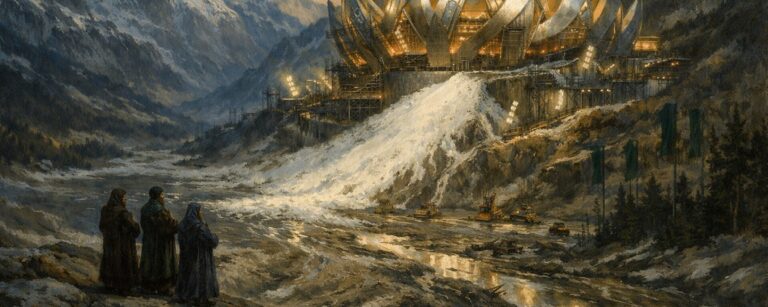 Fantastisches Gemälde eines alpinen Tals in der Dämmerung, im Hintergrund ein golden leuchtendes, kronenförmiges Stadion am Berghang, aus dem künstlicher Schnee in eine zerfurchte, schlammige Talsohle hinabfließt, vorne drei in Mäntel gehüllte Gestalten, die die baustellenartige Olympia-Landschaft beobachtend überblicken.