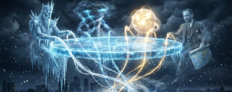 Schneebedeckte Großstadt bei Nacht, darüber schwebt ein riesiger runder Eistisch, an dem links ein frostiger Eiskönig, in der Mitte ein Blitzsturm und rechts eine leuchtende Sonnengestalt sitzen, während ein geisterhafter Meteorologe mit Wetterkarte daneben schwebt und leuchtende Fäden vom Tisch hinunter in einen tobenden Schneesturm über der Stadt ziehen.