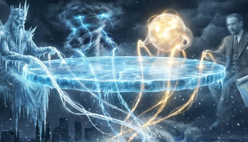 Schneebedeckte Großstadt bei Nacht, darüber schwebt ein riesiger runder Eistisch, an dem links ein frostiger Eiskönig, in der Mitte ein Blitzsturm und rechts eine leuchtende Sonnengestalt sitzen, während ein geisterhafter Meteorologe mit Wetterkarte daneben schwebt und leuchtende Fäden vom Tisch hinunter in einen tobenden Schneesturm über der Stadt ziehen.