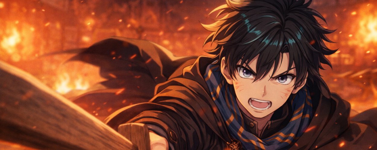 Wistoria Wand and Sword: Will stürmt im Anime-Stil mit gezogenem Trainingsschwert durch glühende Funken und Hitze.