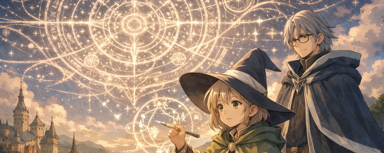 Coco zeichnet leuchtende Runen in die Luft, während Qifrey hinter ihr steht und über einer Fantasiestadt ein riesiges Magiemuster schwebt – Beitragsbild zum Witch-Hat-Atelier-Anime.