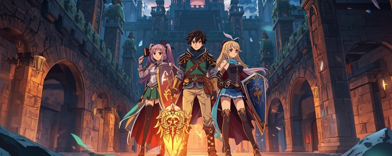 Key Visual zu The World’s Strongest Rearguard: Arihito steht mit seiner Party vor einem Labyrinth-Hintergrund, die Heldinnen an seiner Seite, magische Effekte und Logo im oberen Bildbereich.