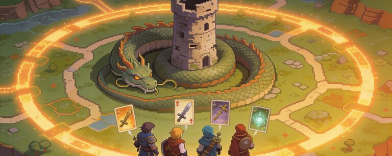 Vier Helden des Wyrmhunt Kartenspiel stehen über einer kreisförmigen Pixelwelt mit schlafendem Drachen und schwebenden Karten, Symbolbild für das JRPG-Fantasyprojekt.