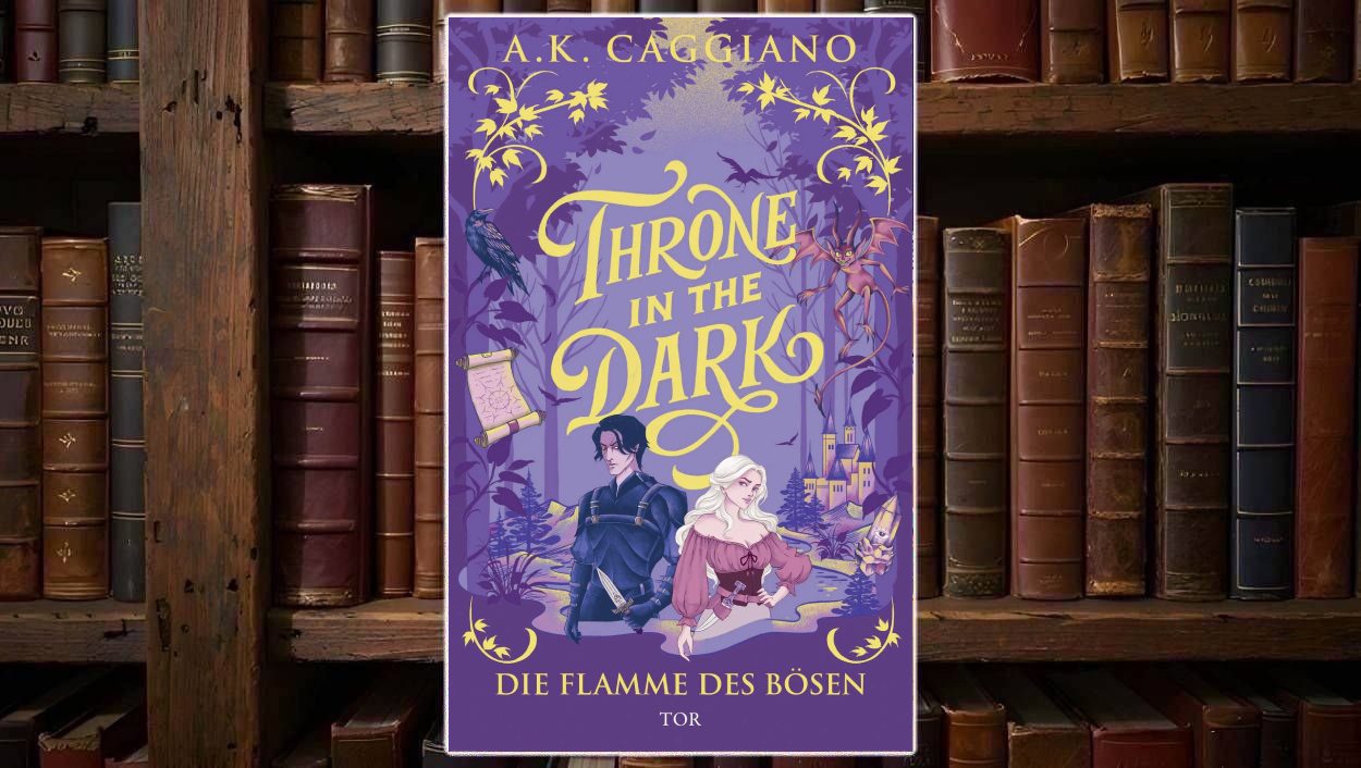 Lila Fantasy-Cover mit goldenen Ranken und großem gelben Titelzug; unten sitzen ein dunkelhaariger Mann in Schwarz und eine blonde Frau, umgeben von Fledermäusen, Rabe, Schriftrolle, kleinem Dämon und einer Burg im Hintergrund.