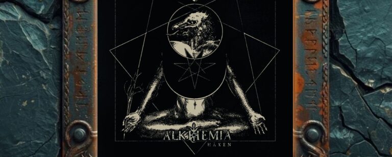 Albumcover Alkhemia – Häxen: schwarzes okkultes Artwork mit kniender vogelköpfiger Gestalt, geometrischen Ritualformen, Pentagramm und kleiner Flamme in beige auf schwarzem Hintergrund.