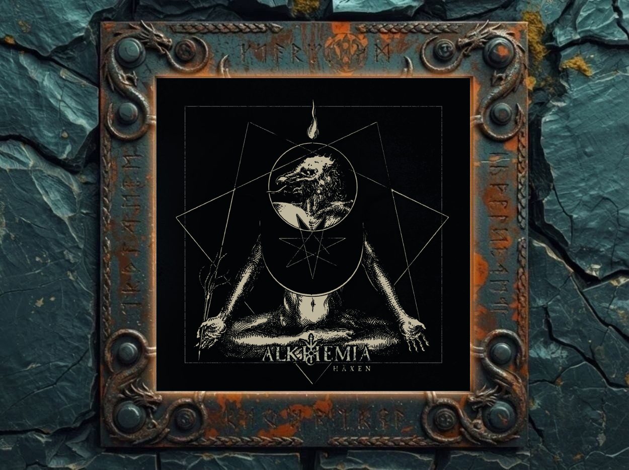 Albumcover Alkhemia – Häxen: schwarzes okkultes Artwork mit kniender vogelköpfiger Gestalt, geometrischen Ritualformen, Pentagramm und kleiner Flamme in beige auf schwarzem Hintergrund.