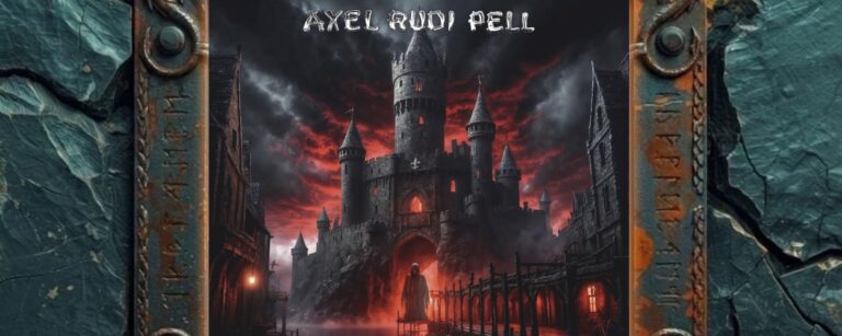 Albumcover von Ghost Town: düstere Geisterstadt mit schwarzer Burg, blutrotem Himmel, nasser Gasse und einsamer Gestalt vor dem leuchtenden Tor.