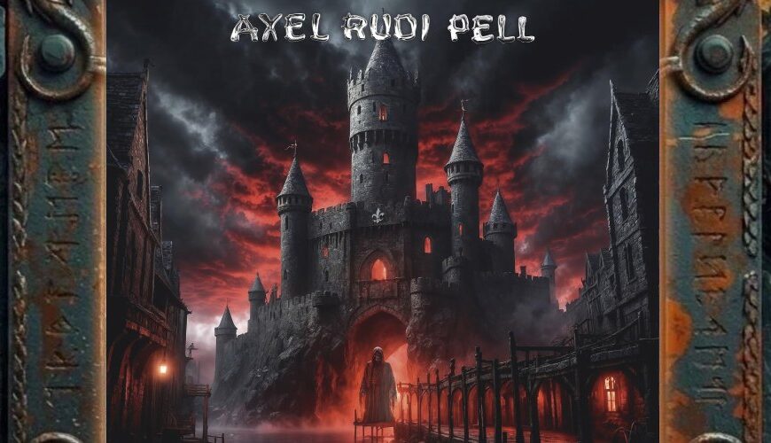 Albumcover von Ghost Town: düstere Geisterstadt mit schwarzer Burg, blutrotem Himmel, nasser Gasse und einsamer Gestalt vor dem leuchtenden Tor.