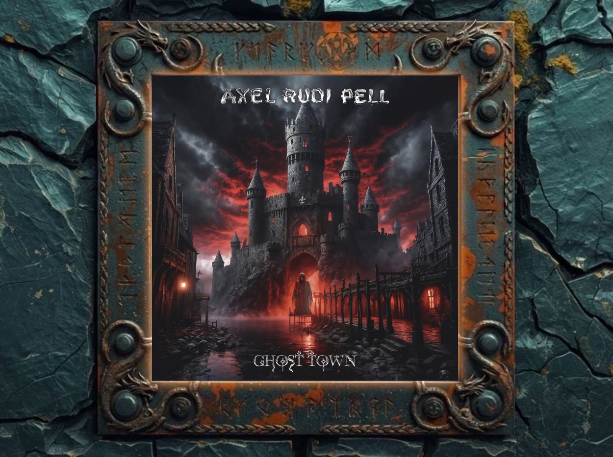 Albumcover von Ghost Town: düstere Geisterstadt mit schwarzer Burg, blutrotem Himmel, nasser Gasse und einsamer Gestalt vor dem leuchtenden Tor.