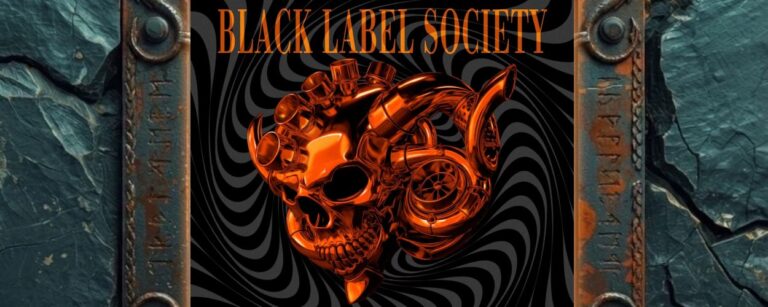 Albumcover von Black Label Society – Engines Of Demolition: kupferfarbener Totenschädel mit Turbinen- und Motorteilen vor schwarzem Spiralhintergrund
