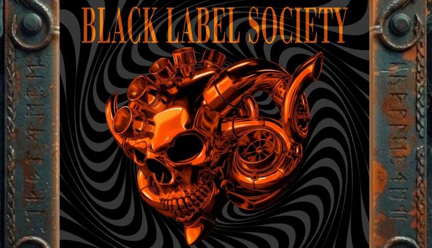 Albumcover von Black Label Society – Engines Of Demolition: kupferfarbener Totenschädel mit Turbinen- und Motorteilen vor schwarzem Spiralhintergrund