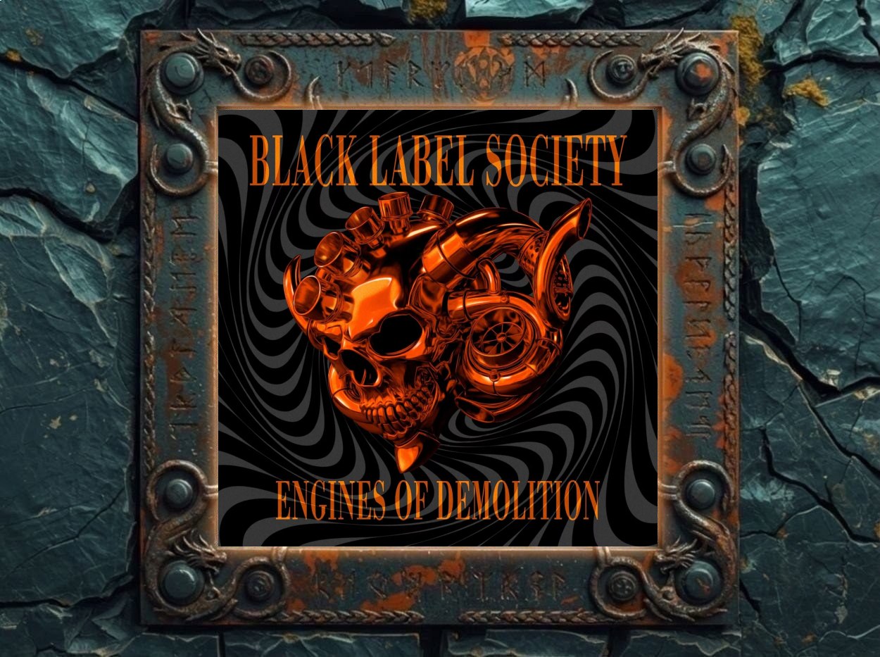Albumcover von Black Label Society – Engines Of Demolition: kupferfarbener Totenschädel mit Turbinen- und Motorteilen vor schwarzem Spiralhintergrund