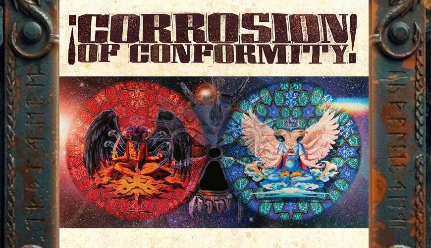 Albumcover von Corrosion Of Conformity – Good God / Baad Man: bunter Gift-Schädel mit psychedelischen Symbolen und kaleidoskopischen Farben in den Augenhöhlen.
