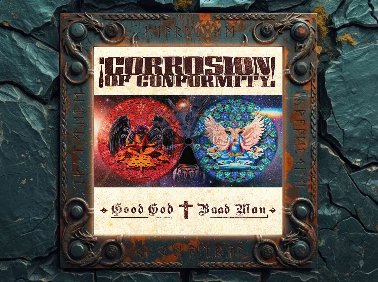 Albumcover von Corrosion Of Conformity – Good God / Baad Man: bunter Gift-Schädel mit psychedelischen Symbolen und kaleidoskopischen Farben in den Augenhöhlen.
